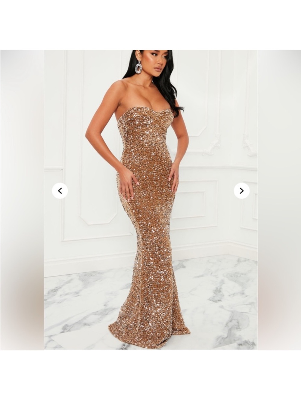 Fashion Nova Gold Sequin Strapless Mermaid Gown